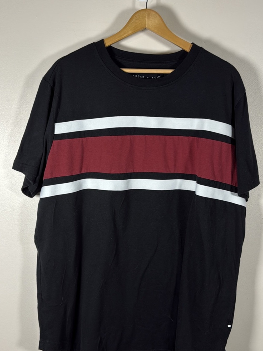 Men's Black Short-Sleeve Tee with Burgundy and White Stripes by